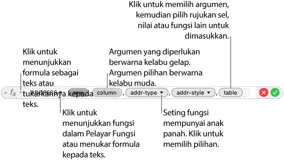 Editor Formula menunjukkan fungsi ADDRESS dan token argumennya.