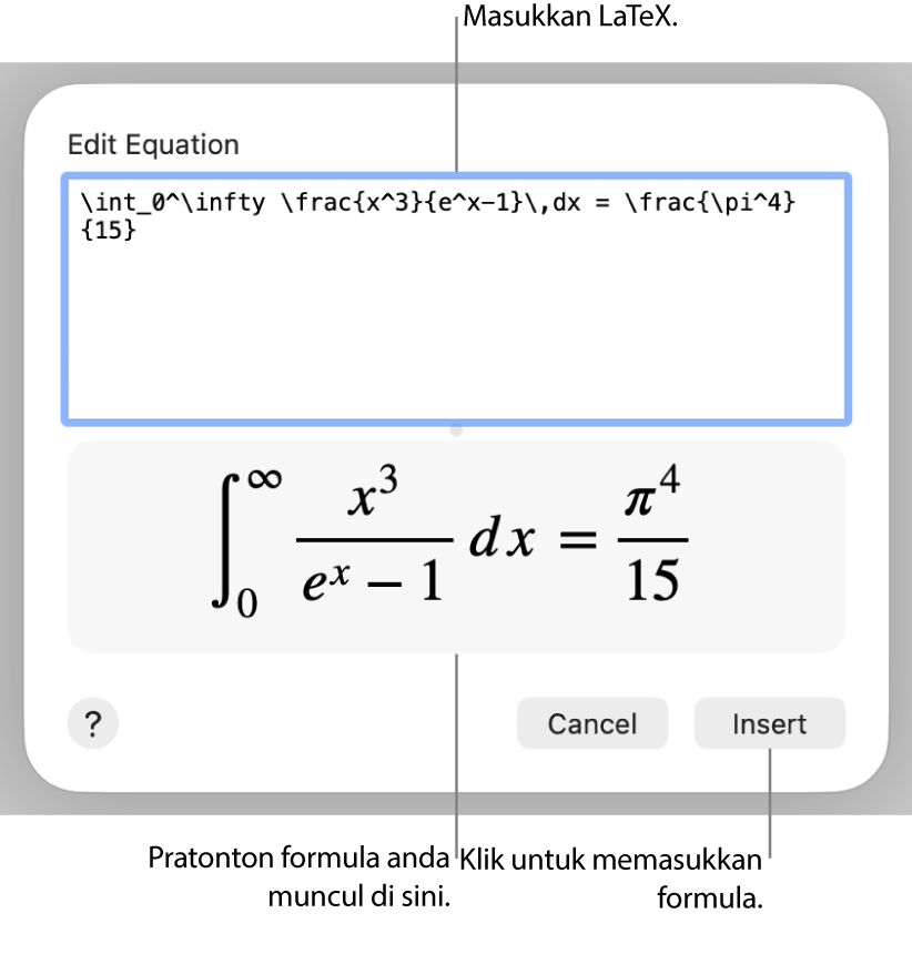 Formula kuadratik ditulis menggunakan LaTeX dalam medan Persamaan dan pratonton formula di bawah.