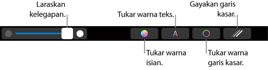MacBook Pro Touch Bar dengan kawalan untuk melaraskan kelegapan bentuk, menukar isian warna, menukar warna teks, menukar warna garis kasar dan menggayakan garis kasar.