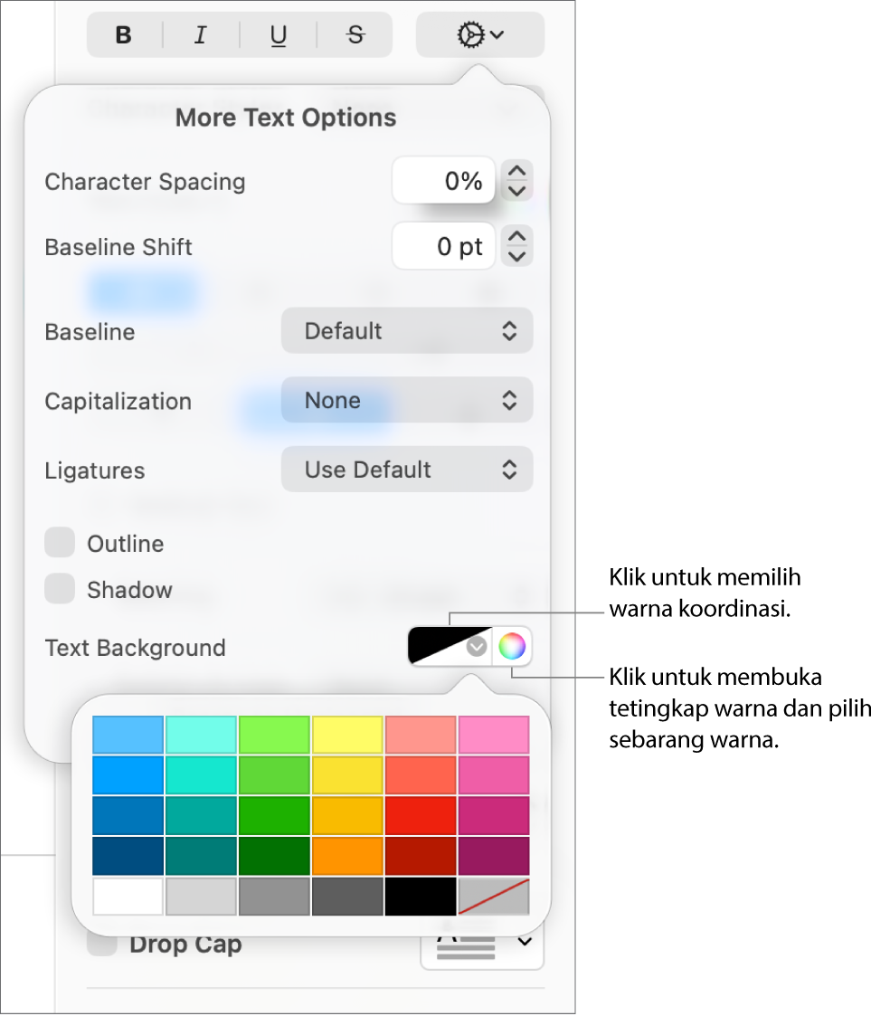 Kawalan untuk memilih warna latar belakang teks.