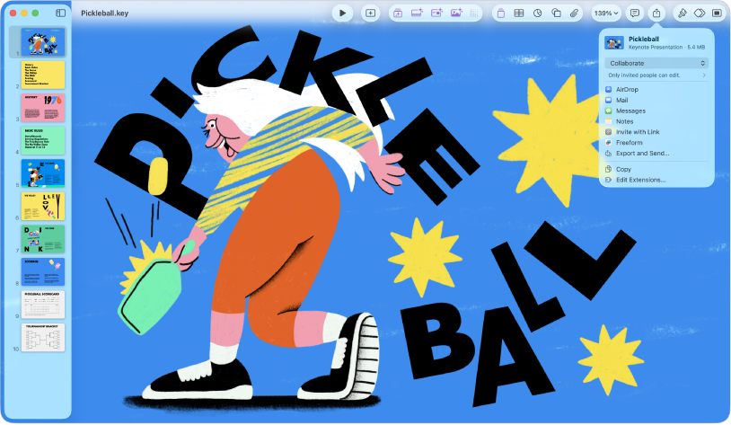 Tetingkap Keynote dengan menu Kongsi dibuka dari bar alat.