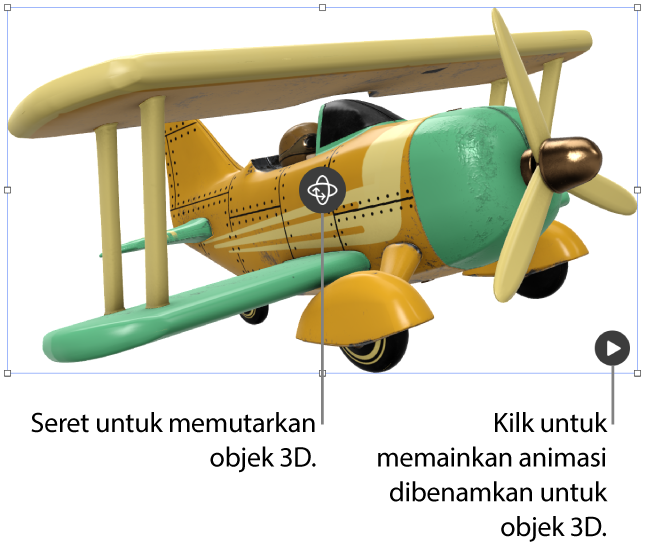 Objek 3D dengan butang Putar di bahagian tengah objek dan butang Main di penjuru kanan bawah.