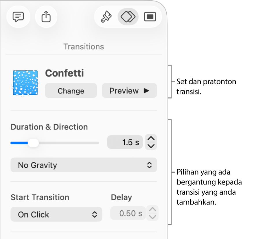 Kawalan transisi di bahagian Transisi dalam bar sisi.