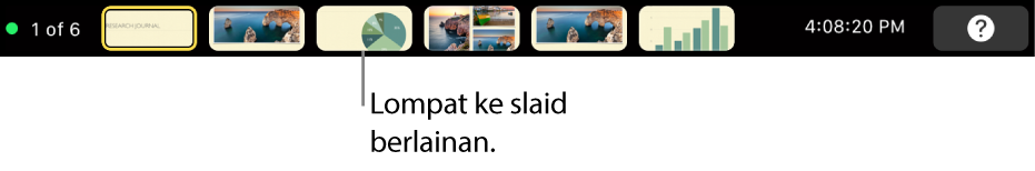 MacBook Pro Touch Bar dengan kawalan pembentangan untuk keluar daripada pembentangan, melompat ke slaid berbeza dan menukar paparan pembentang.