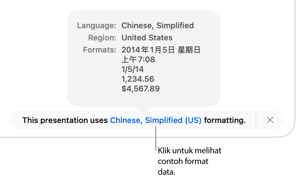 Pemberitahuan seting bahasa dan rantau berbeza, menunjukkan contoh format dalam bahasa dan rantau itu.