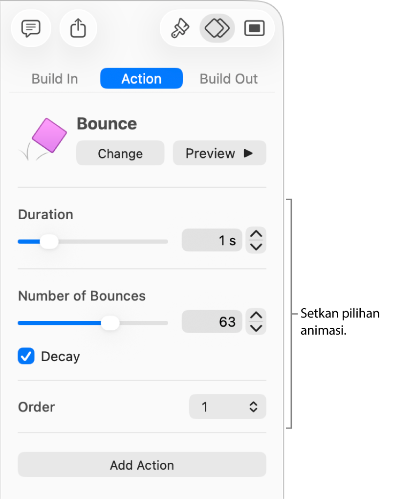 Kawalan tindakan dalam bahagian Animasi di bar sisi.