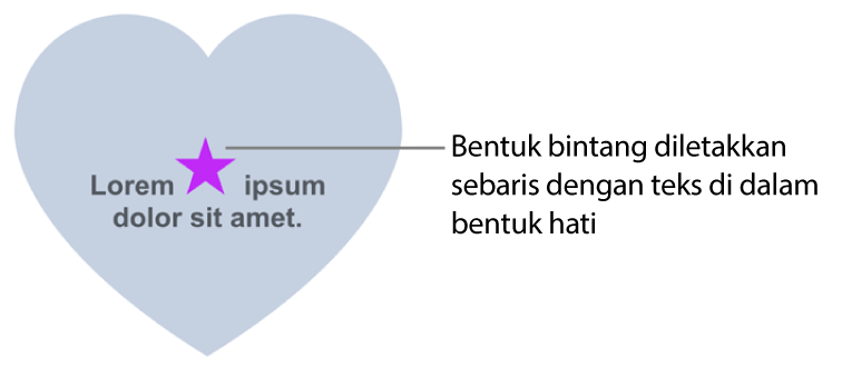 Bentuk bintang kelihatan sebaris dengan teks dalam bentuk hati.