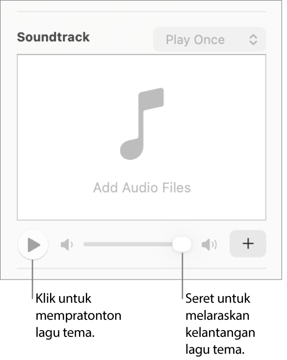 Kawalan Lagu Tema dengan butang Main dan gelangsar kelantangan aktif.