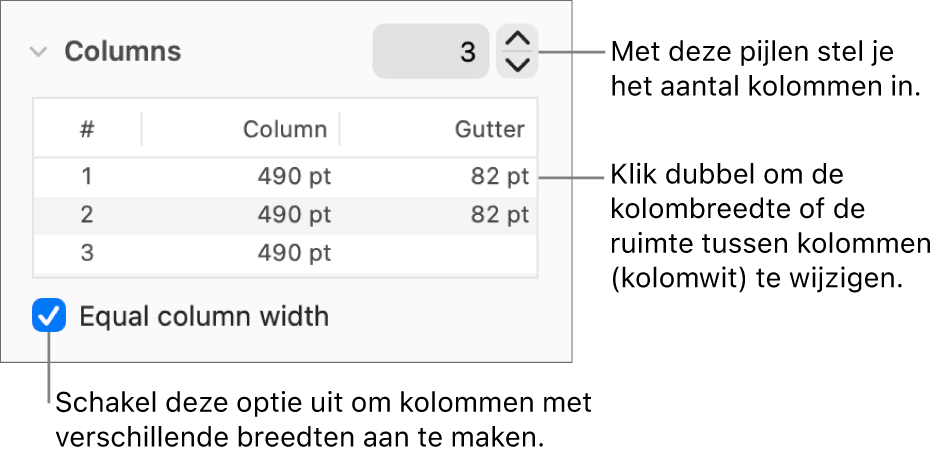 Regelaars in het kolommengedeelte voor het wijzigen van het aantal kolommen en de breedte van elke kolom.