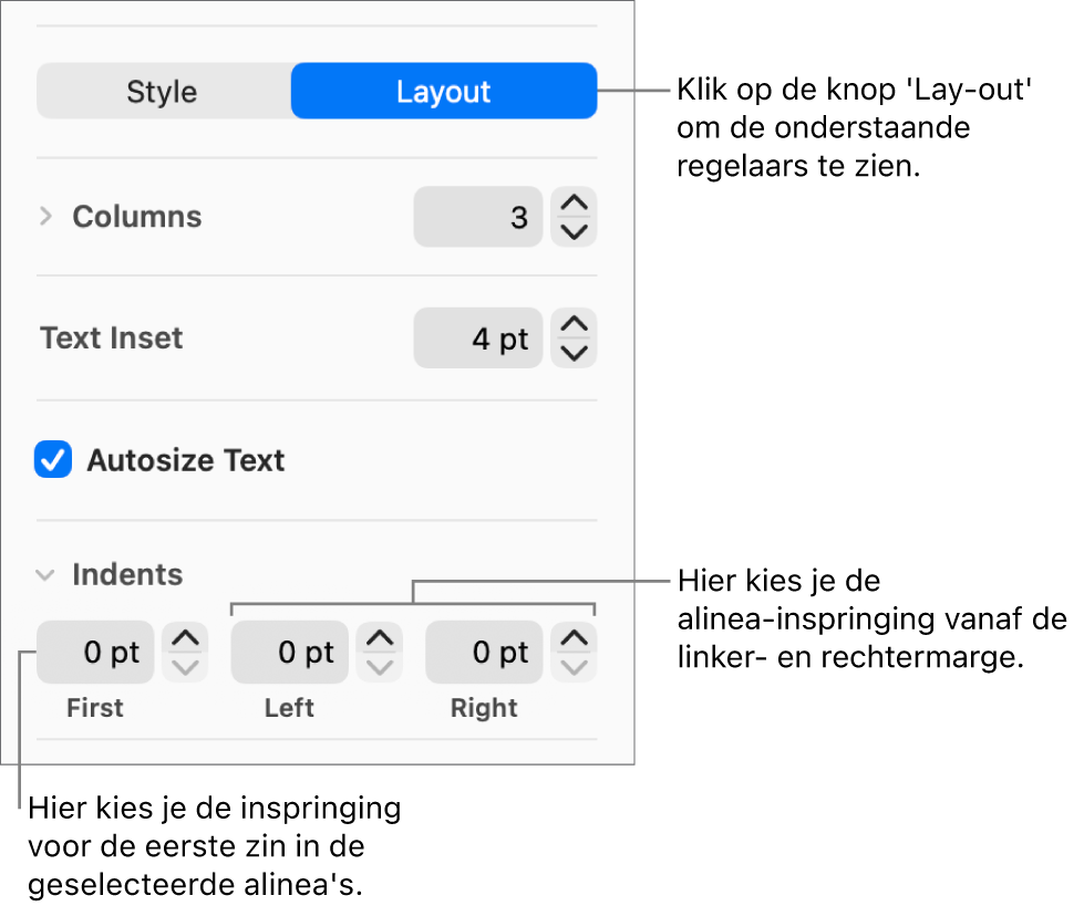 Het gedeelte 'Lay-out' van de navigatiekolom 'Opmaak' met regelaars voor het instellen van het inspringniveau van de eerste regel en de alineamarges.