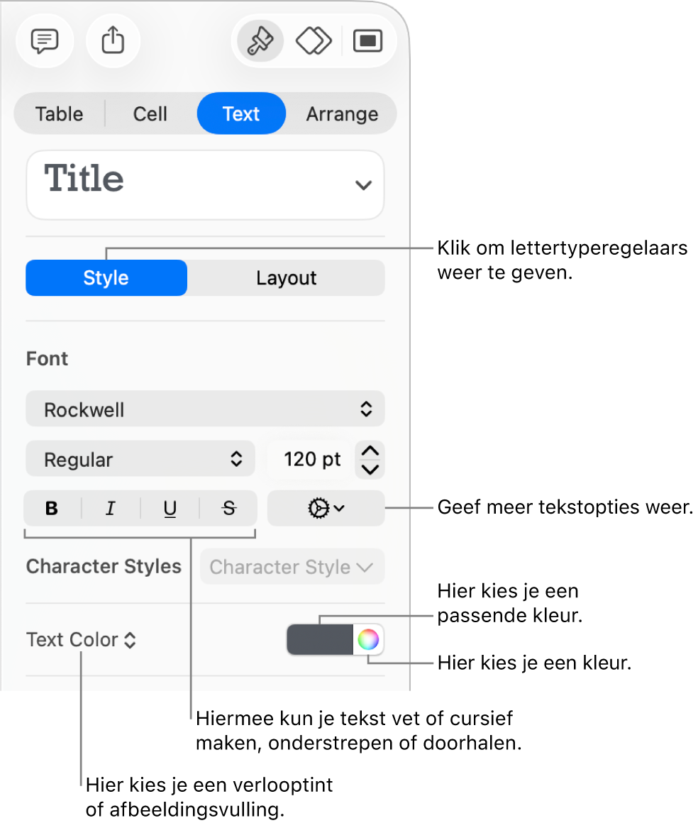 De regelaars voor tabeltekststijlen.