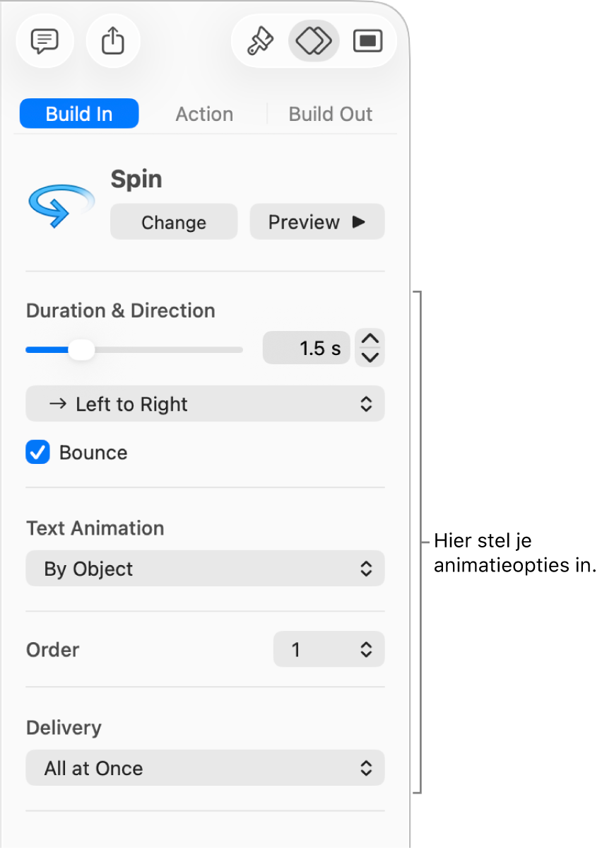 'Animatie in'-opties in het gedeelte 'Animatie' van de navigatiekolom.