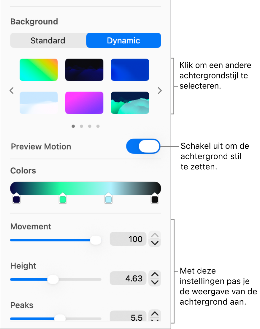 De knop 'Dynamisch' is geselecteerd in het gedeelte 'Achtergrond' van de navigatiekolom 'Opmaak', met daaronder de dynamische achtergrondstijlen, de regelaar 'Voorvertoning beweging' en de weergaveregelaars.