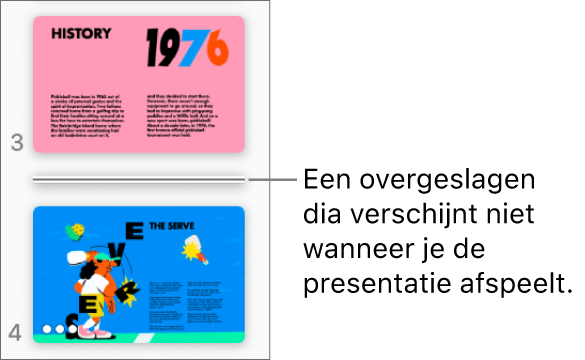 Het dianavigatiepaneel met een overgeslagen dia als horizontale lijn.