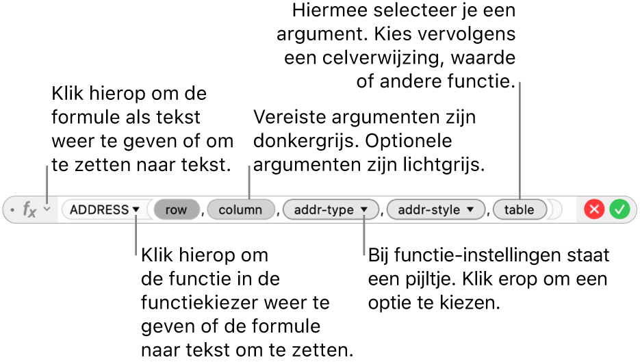 De formule-editor met de ADRES-functie en de bijbehorende argumenttokens.