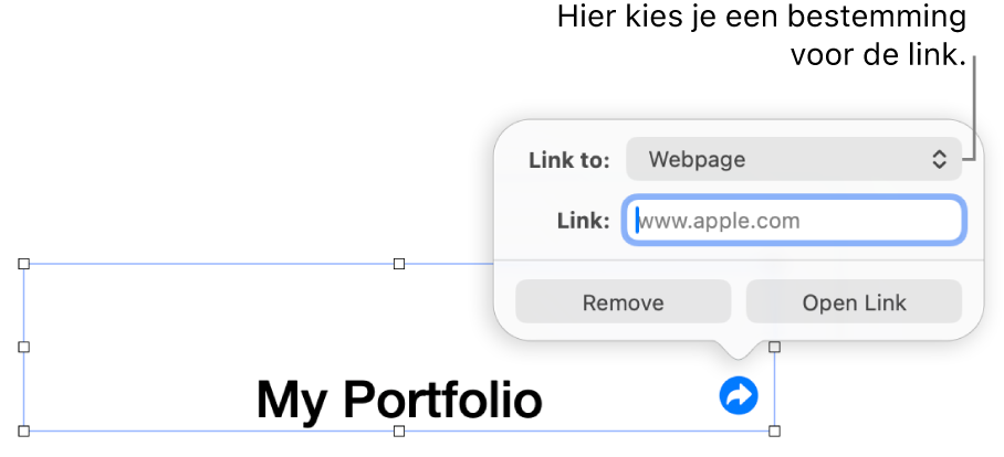 De regelaars in de linkeditor. 'Webpagina' is geselecteerd en onderaan staan de knoppen 'Verwijder' en 'Open link'.