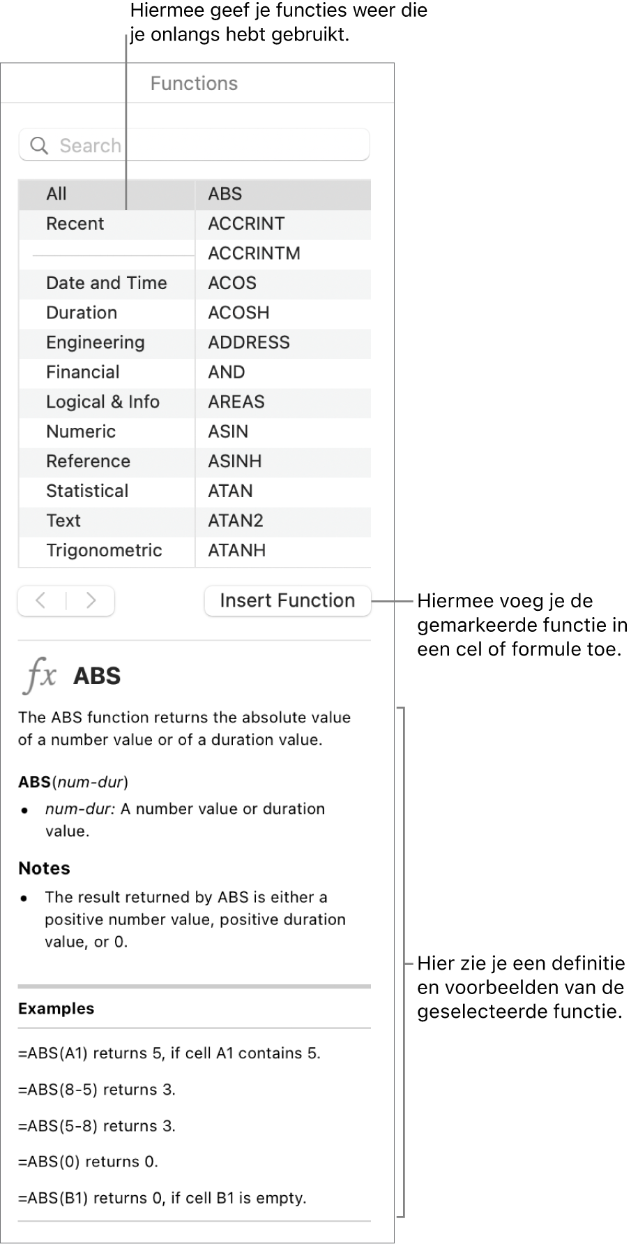 De functiekiezer met uitleg bij recent gebruikte functies, de knop 'Voeg functie in' en de omschrijving van de functie.