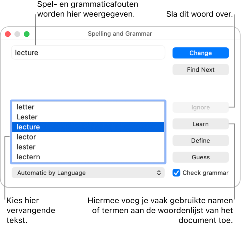 Het venster 'Spelling en grammatica'.