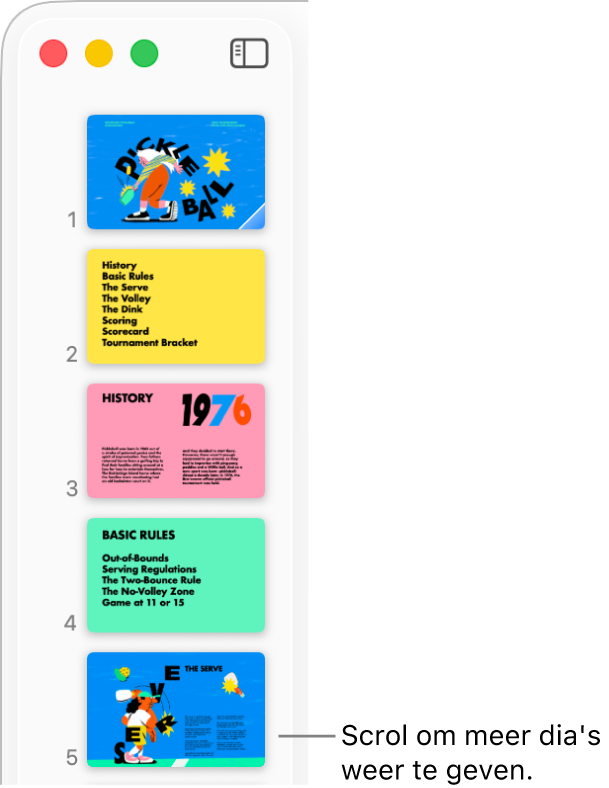 Het dianavigatiepaneel met vijf opeenvolgende dia's onder elkaar en de optie om omlaag te scrollen om meer dia's te zien.