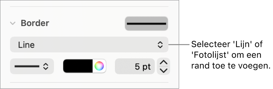 De regelaars voor de randstijl in de navigatiekolom 'Opmaak'; 'Lijn' is als randtype geselecteerd.