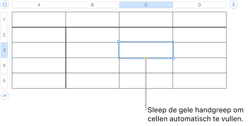 Een geselecteerde cel met een gele greep die je kunt slepen om cellen automatisch te vullen.