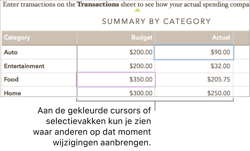 Cursors of selecties in verschillende kleuren geven aan waar anderen wijzigingen aanbrengen.