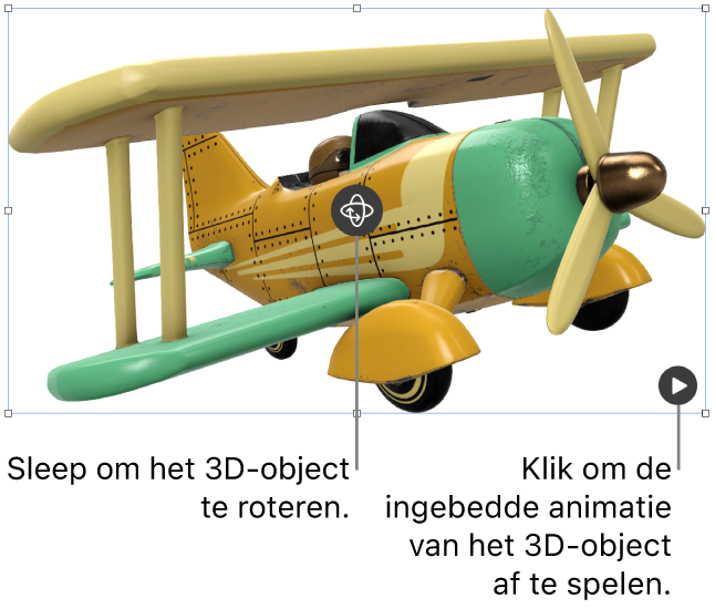 Een 3D-object met de roteerknop in het midden van het object en de afspeelknop in de rechterbenedenhoek.