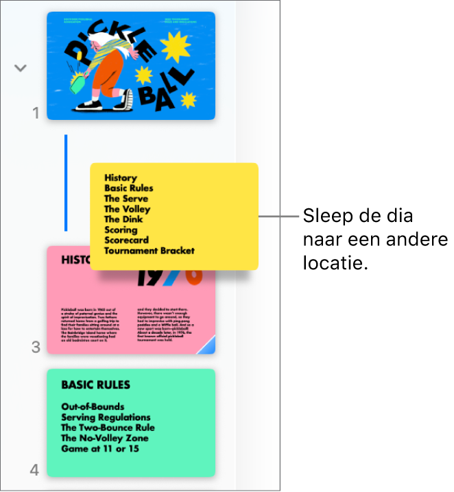 Het dianavigatiepaneel met een diaminiatuur die wordt verplaatst en een lijn aan de linkerkant.