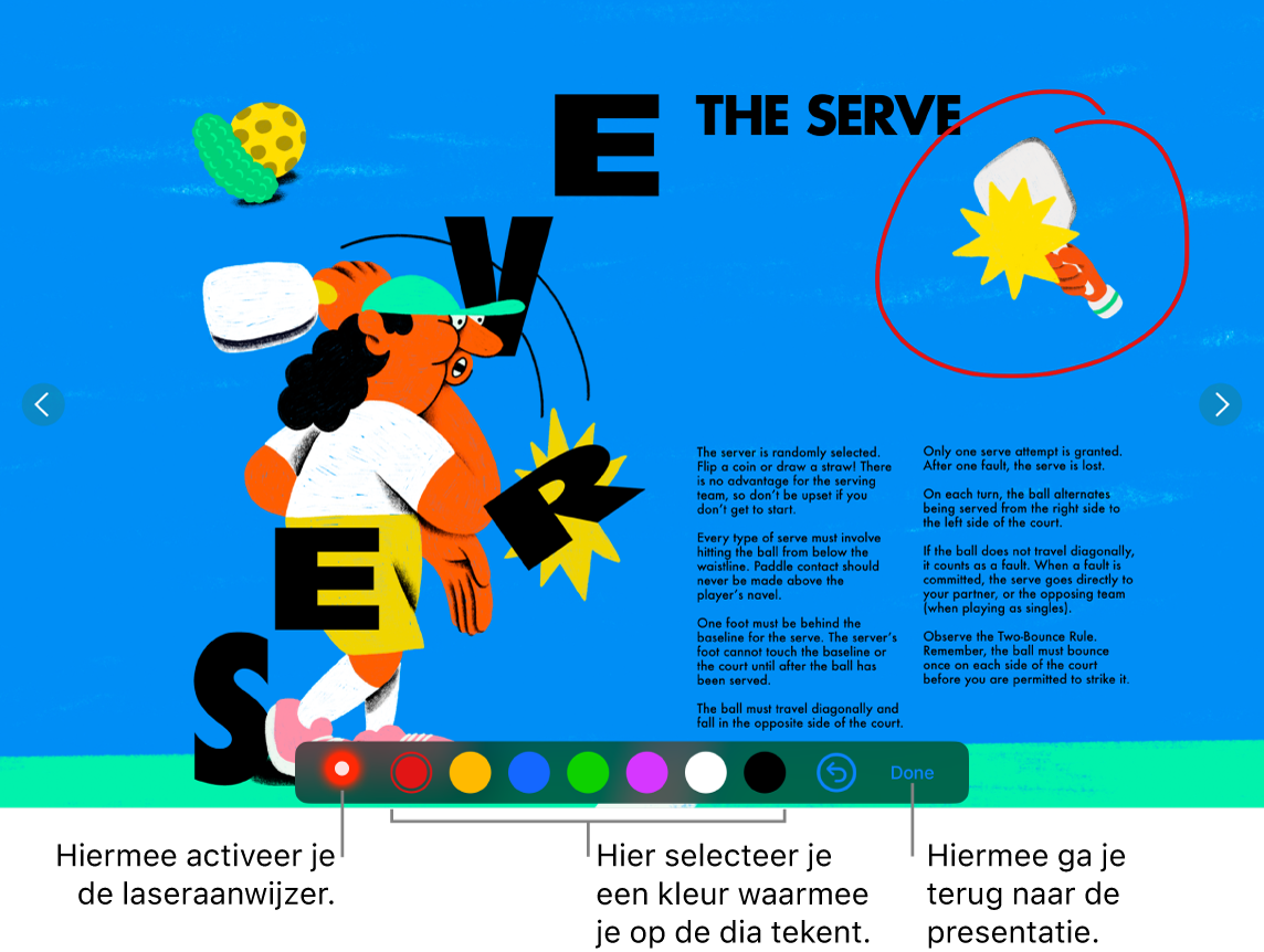 Een dia in de tekenmodus met de laseraanwijzer en kleurselectieregelaars.