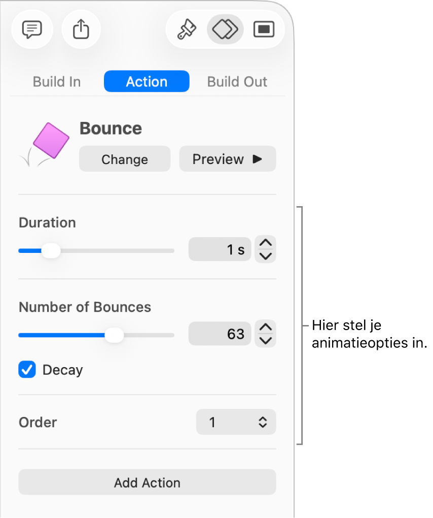 Taakregelaars in het gedeelte 'Animatie' van de navigatiekolom.
