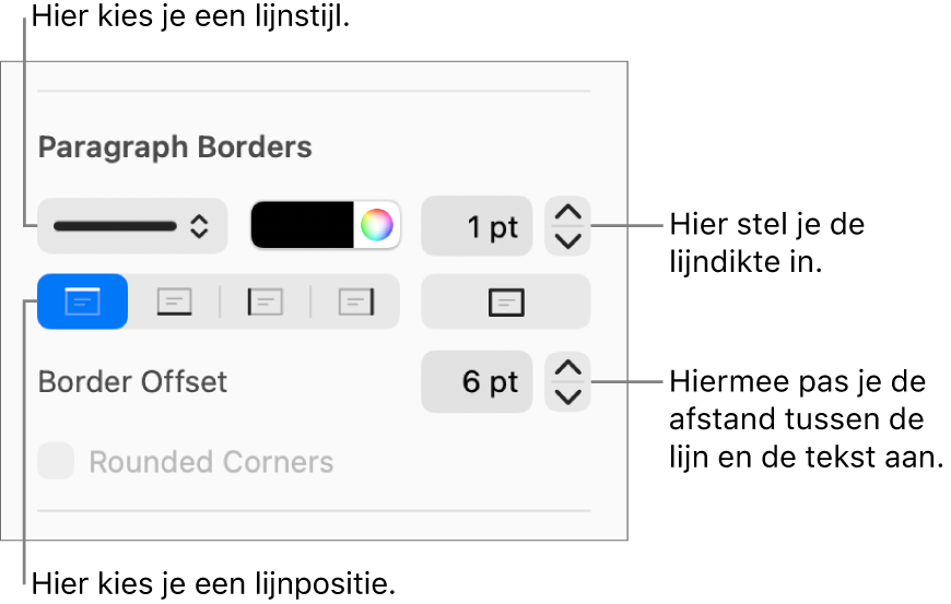 Regelaars voor het wijzigen van de stijl, dikte, positie en kleur van de lijn.