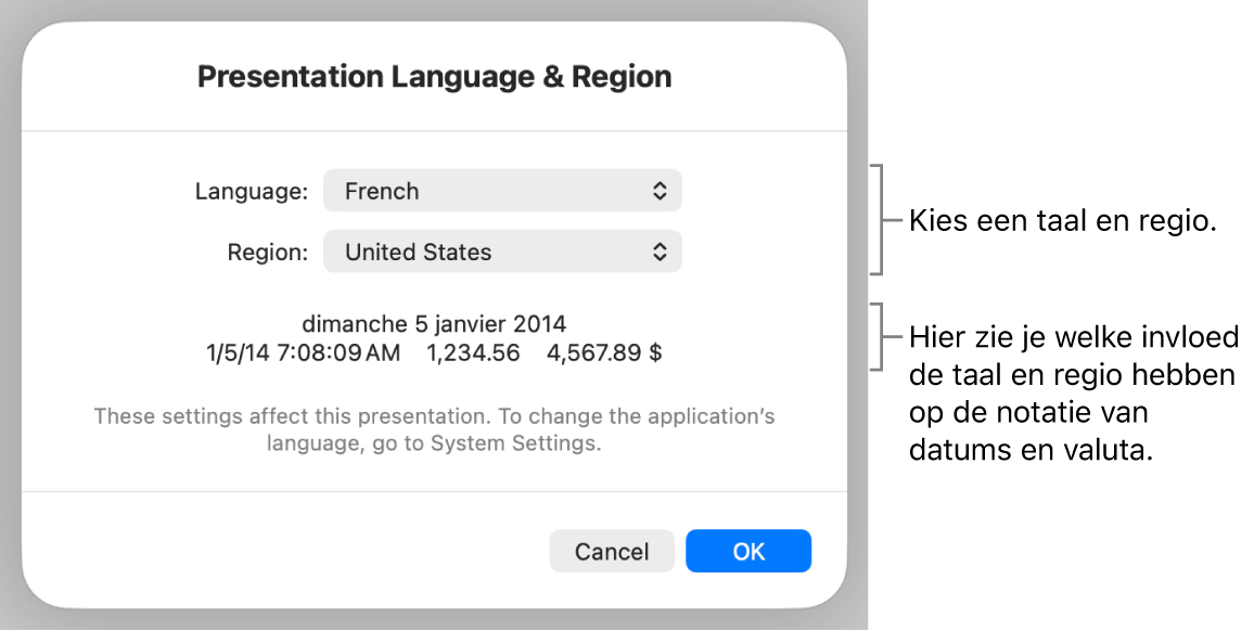 Paneel met regelaars voor de taal en regio en een voorbeeld van de notatie van datum, tijd, decimaalteken en valuta.