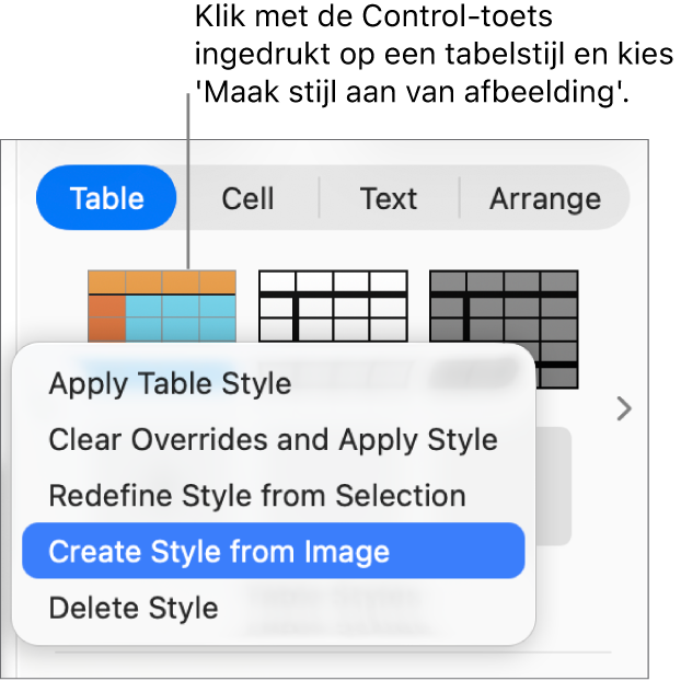 Het contextuele menu voor tabelstijlen.
