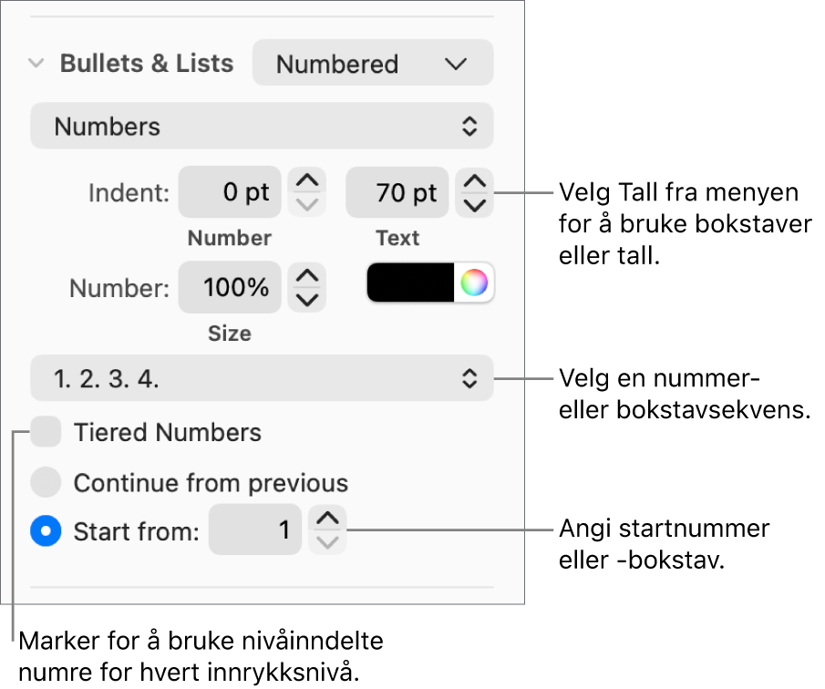 Kontrollene for å endre nummereringsstilen og avstanden for en liste.
