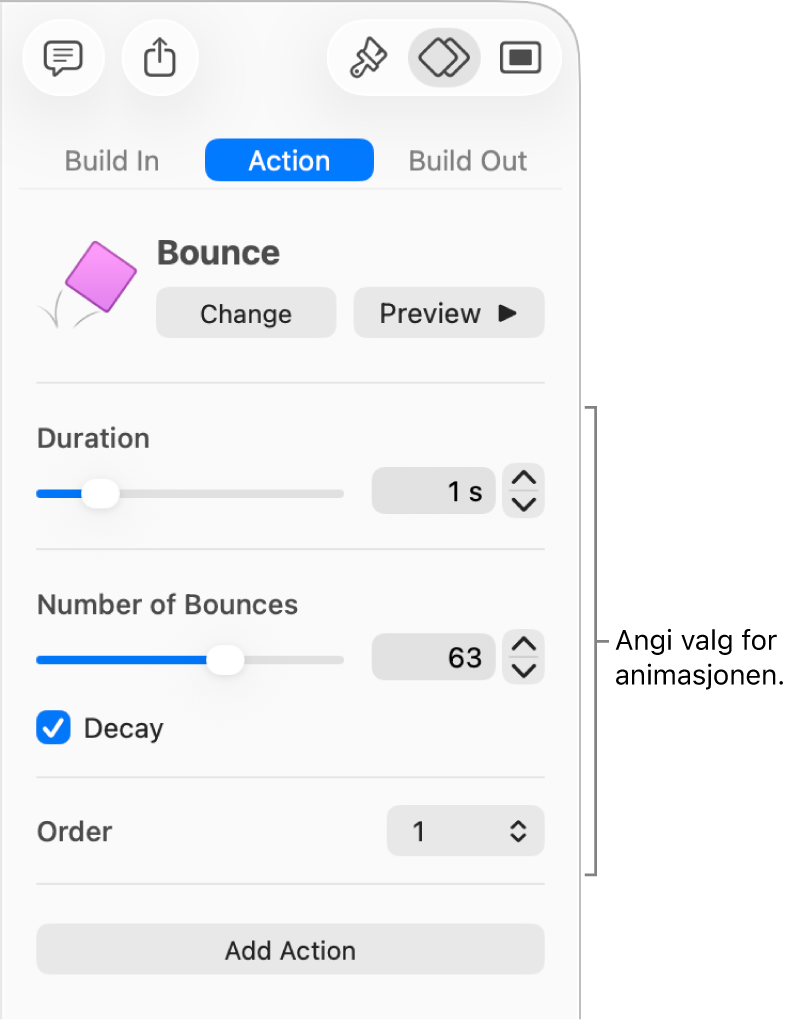 Handlingskontroller i Animer-delen i sidepanelet.