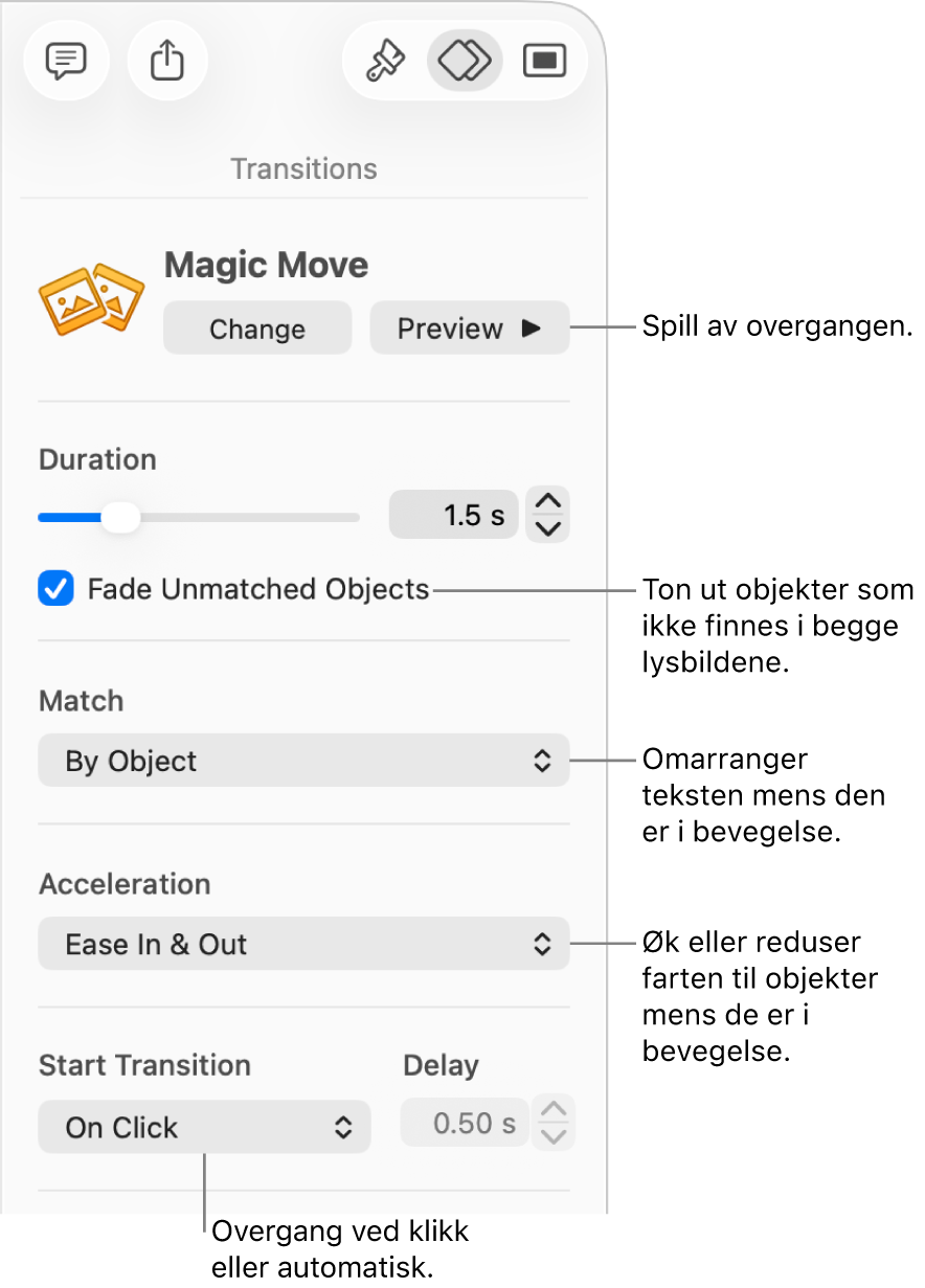 Magisk flytting-overgangskontroller i Overganger-delen i Animer-sidepanelet.