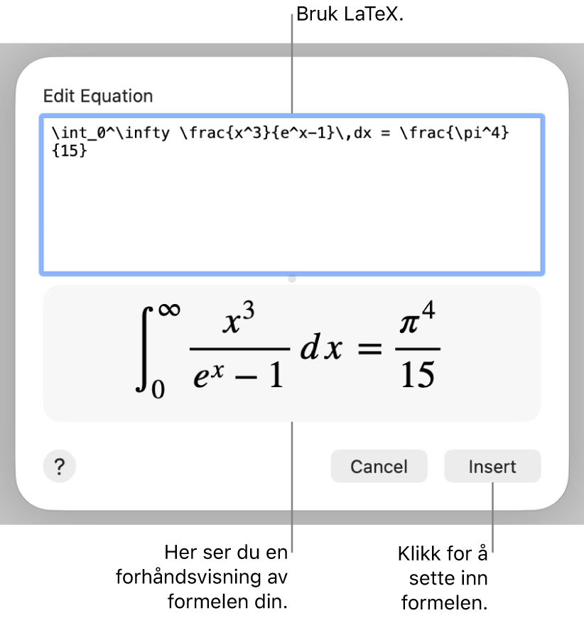 En kvadratisk formel skrevet med LaTeX i Ligning-feltet, og en forhåndsvisning av formelen nedenfor.