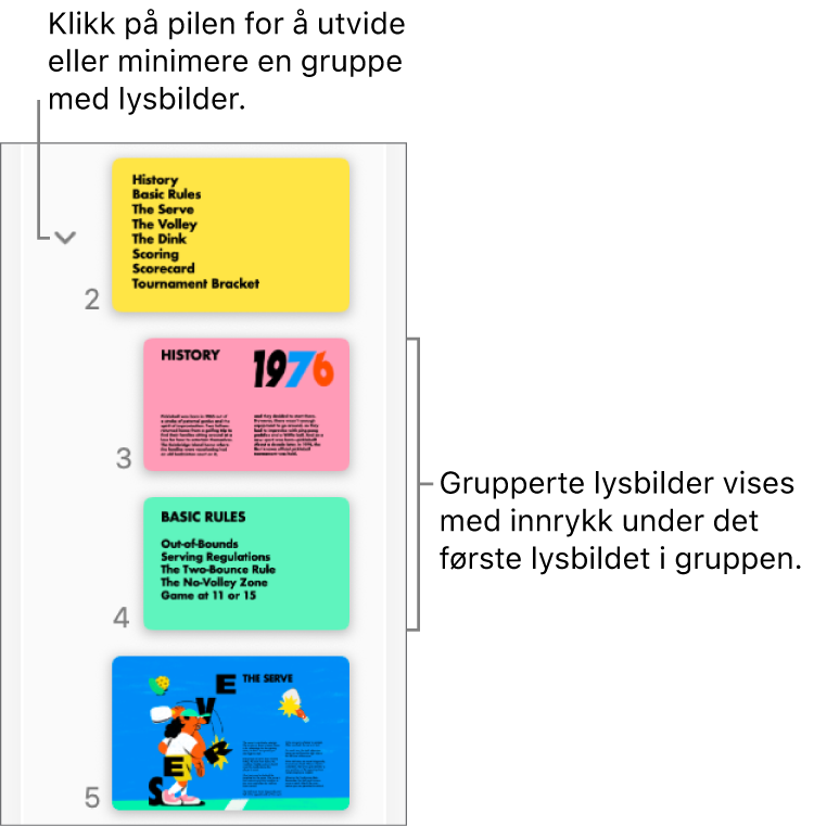 Lysbildenavigeringen, som viser innrykkede lysbilder.