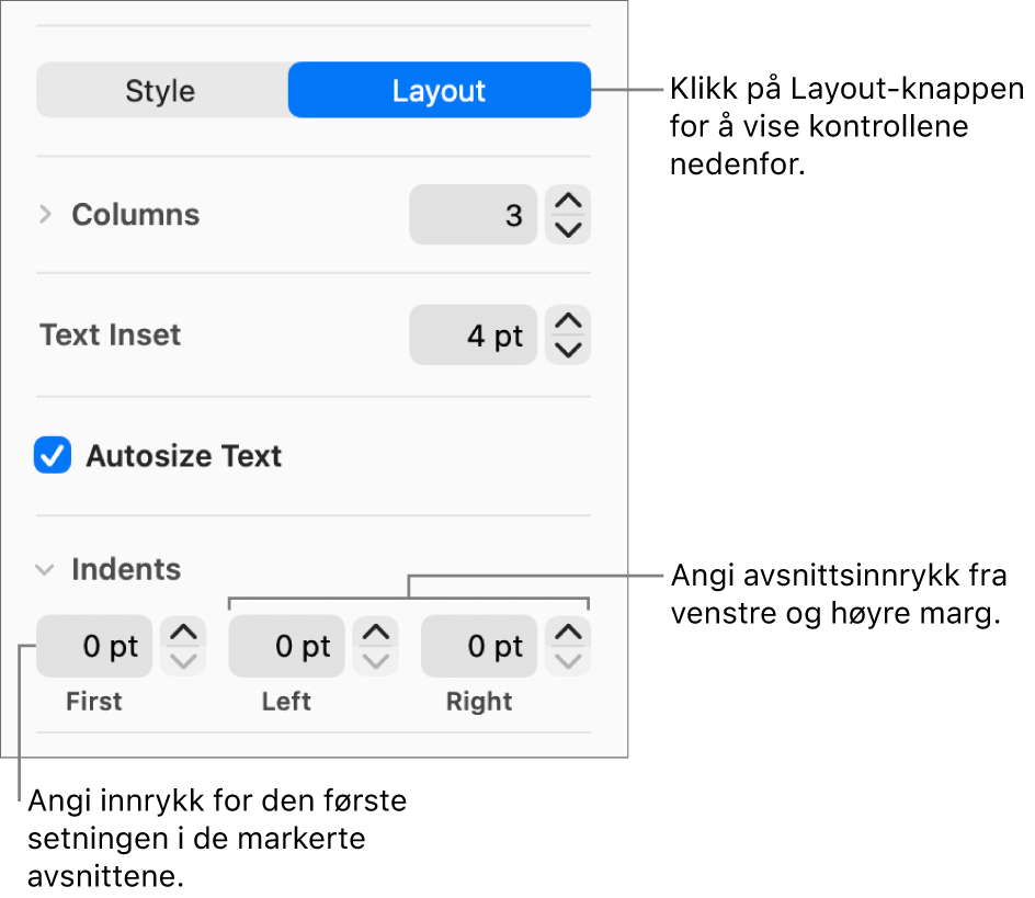 Layout-delen i Format-sidepanelet, som viser kontroller for å angi innrykk for første linje og avsnittsmarger.