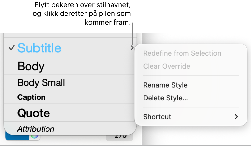 Avsnittsstiler-menyen, med snarveismenyen åpen.