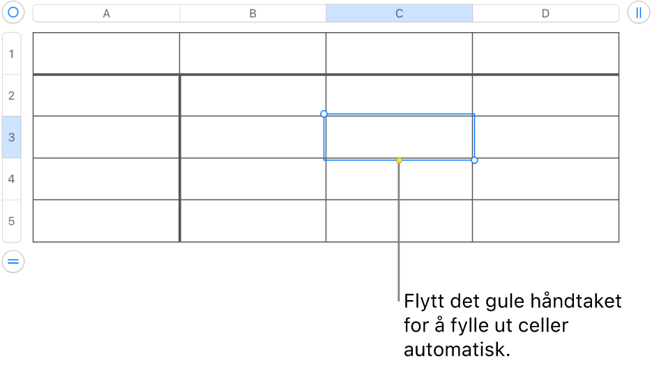 En markert celle med et gult håndtak som du kan dra i for å autoutfylle celler.
