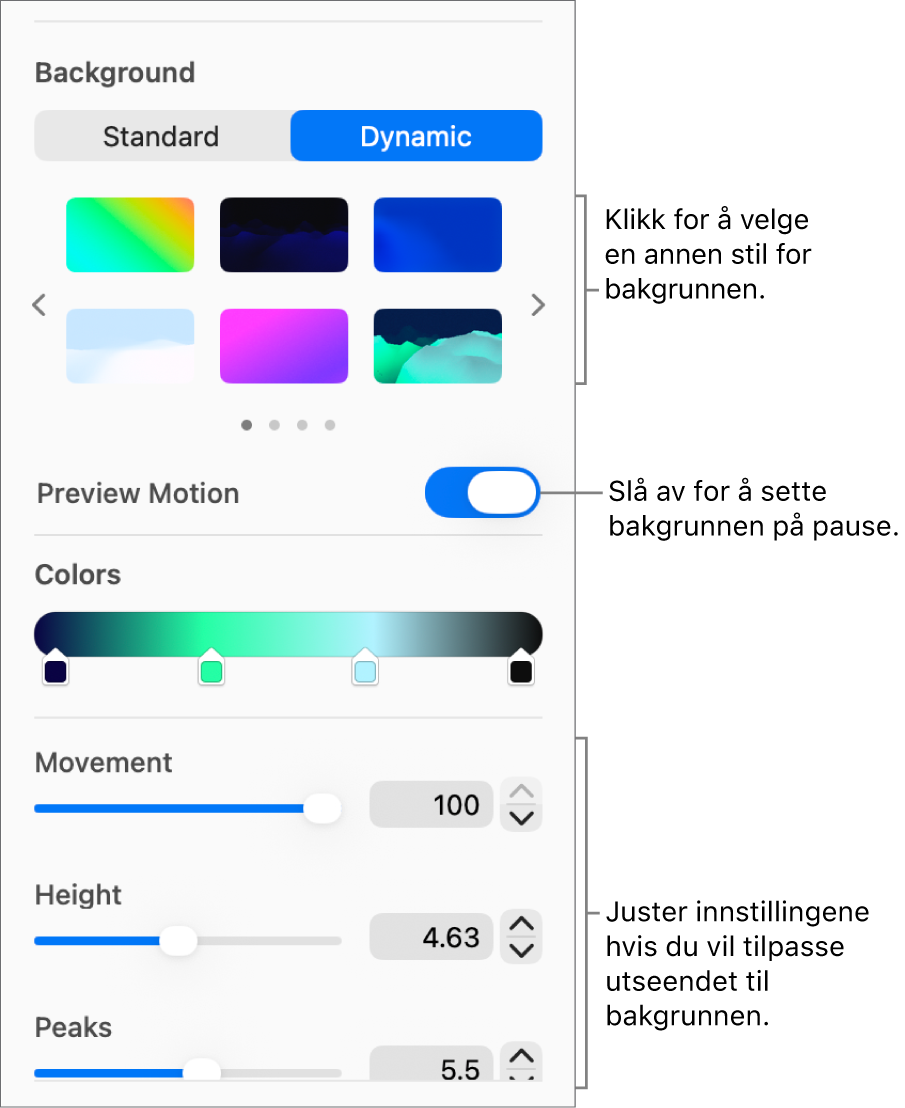 Dynamisk-knappen er markert i Bakgrunn-delen i Format-sidepanelet, og dynamiske bakgrunnsstiler, Forhåndsvis bevegelse-kontroll og utseendekontroller vises.