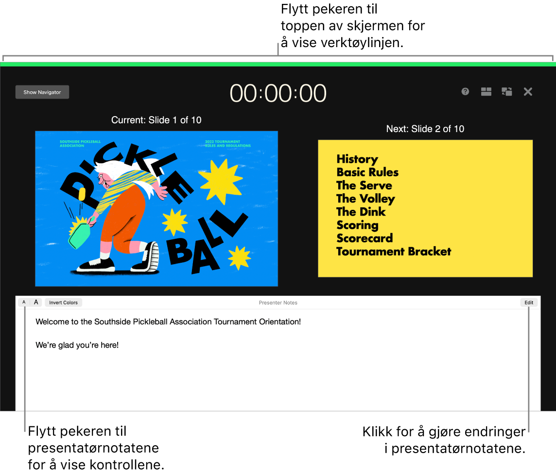 Keynote-presentatørskjermen med knapper for å åpne og lukke lysbildenavigeringen og skjermvalg langs toppen av skjermen. Det gjeldende lysbildet og det neste lysbildet vises på midten av skjermen, med Presentatørnotater-feltet nederst.