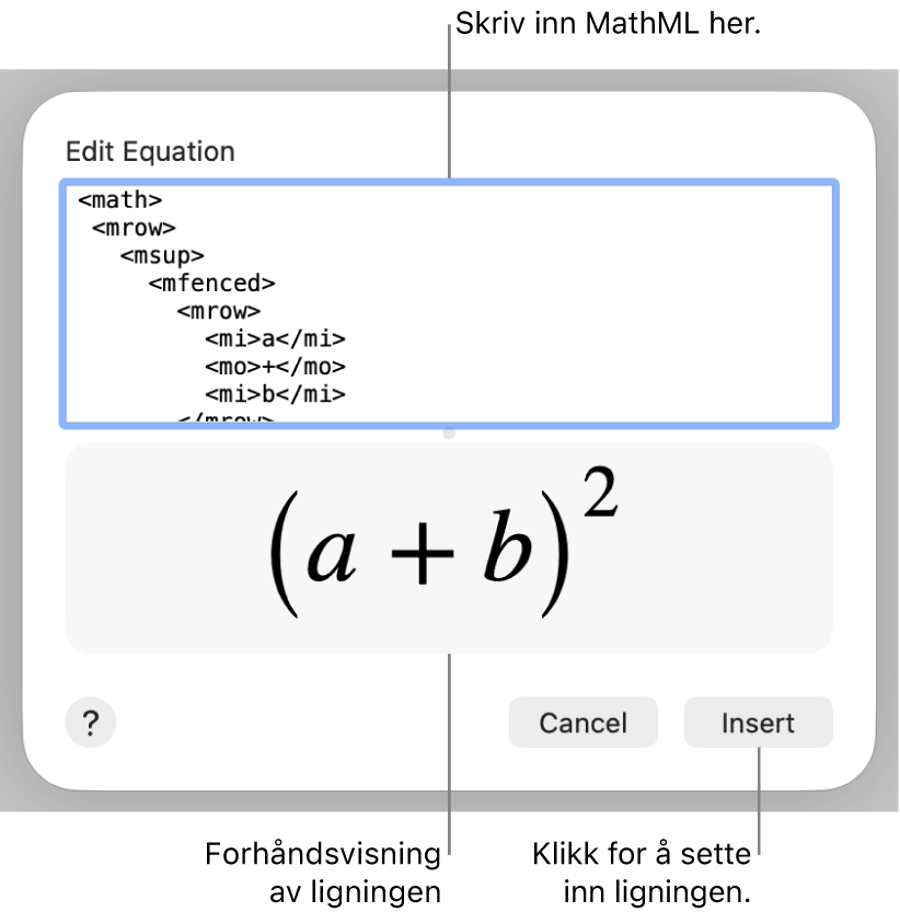 En ligning for stigningen til en linje i Rediger ligning-feltet, og en forhåndsvisning av formelen nedenfor.