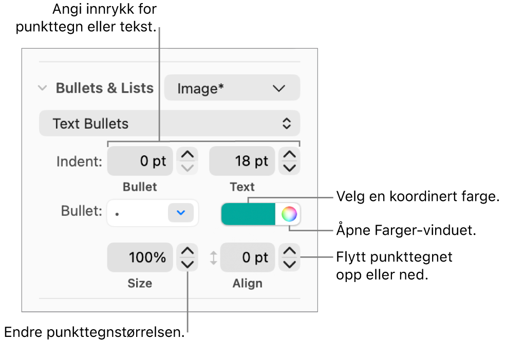 Punkttegn og lister-delen, med forklaringer på kontroller for punkt- og tekstinnrykk, punktfarge, punktstørrelse og justering.