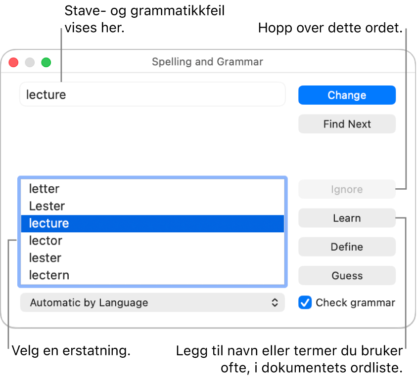 Stavekontroll og grammatikk-vinduet.