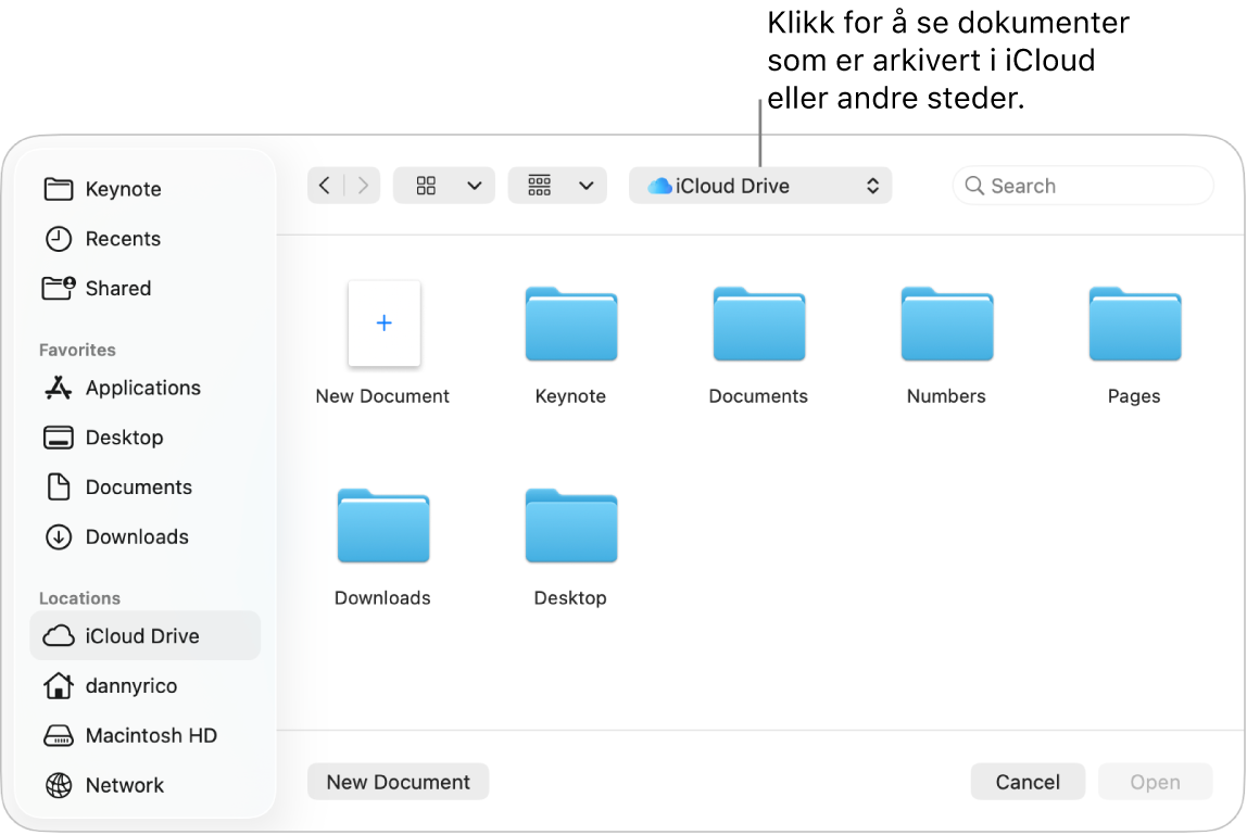 Åpne-dialogruten med sidepanelet åpent på venstre side og iCloud Drive valgt i lokalmenyen øverst. Mapper for Keynote, Numbers og Pages vises i dialogruten sammen med en Nytt dokument-knapp.