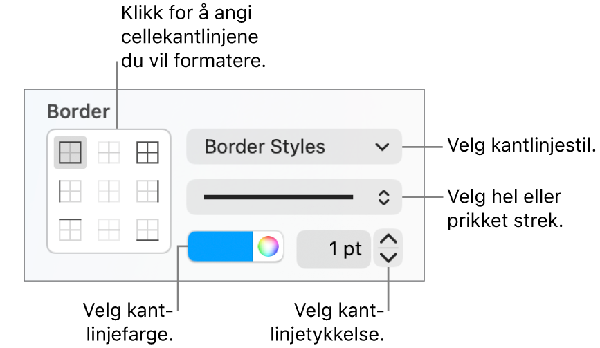 Kontrollene i sidepanelet for å endre utseendet på cellekantlinjene.