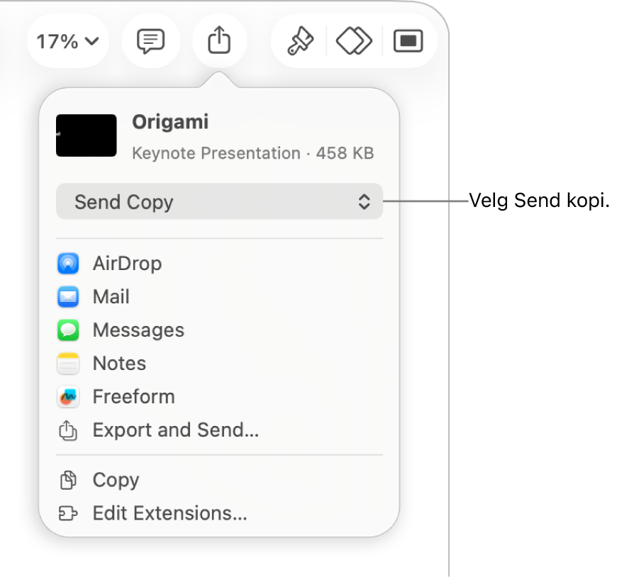 Del-menyen med Send kopi markert øverst.