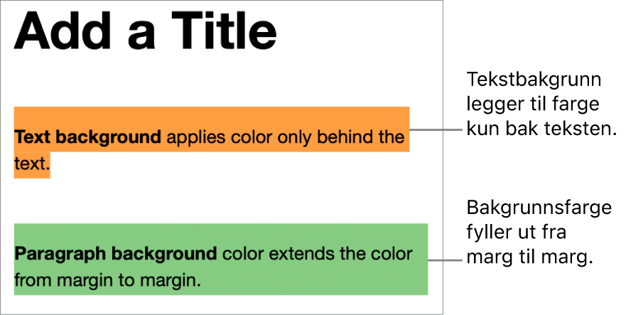 Et avsnitt med farge kun bak teksten, og et annet avsnitt med farge bak som strekker seg fra marg til marg i en blokk.
